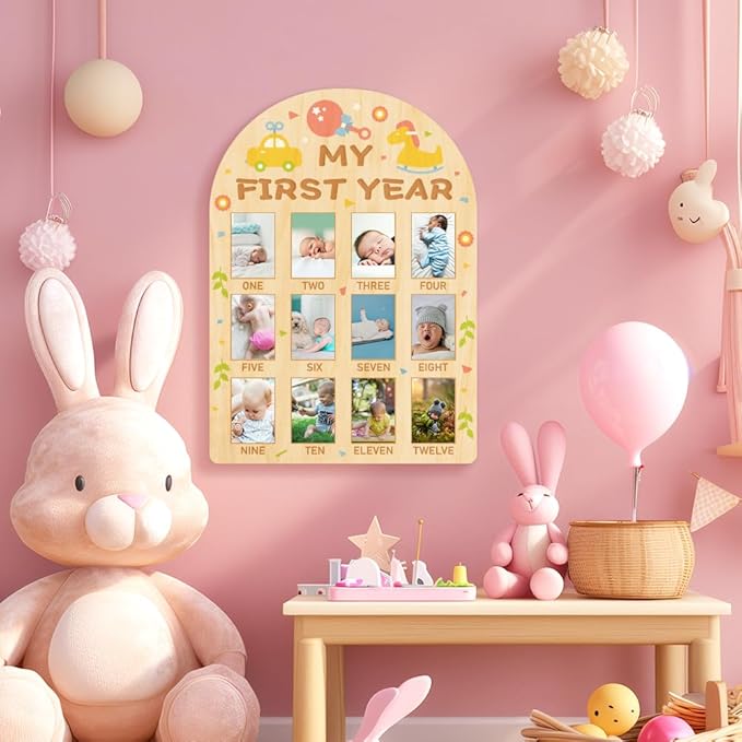ORIGACH My First Year Baby Growth Photo Display Wood Board - 12 Months Newborn Milestones Photo Board - Neutral Baby Keepsake Frame 1st Birthday Party Nursery Decor New Mom Gift - Car & Rocking Horse