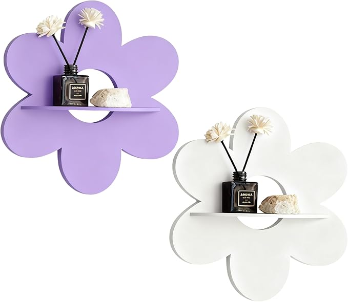 Cute Shelf Pink Floating Shelves, 2Pcs Flower Shaped Green Floating Shelves Display Daisy Decor for Bathroom Livingroom Bedroom Shelves (Purple White)