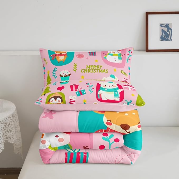 Erosebridal Christmas Cartoon Bedding Set for Kids Cute Snowman Bear Comforter Set Toddler Size Xmas Tree Deer Elk Reversible Quilts Kawaii Penguin Animal Duvet Insert Room Decor
