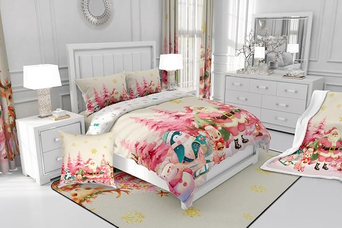 jejeloiu Merry Christmas Comforter Set Full Size Santa Claus Bedding Set for Kids Boys Girls Cute Deer Duvet Quilt Beige Bedroom Decor