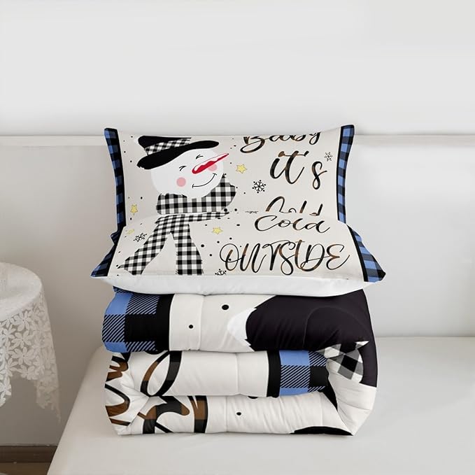 Christmas Snowman Kids Comforter Set Queen Size,Snowflake Christmas Holiday Bedding Set,Girls Boys Adults Xmas Decor,Geometric Grids Lattices Down Comforter,Blue Rustic Duvet Insert,2 Pillowcases