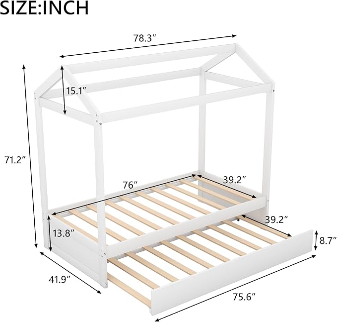Merax House Bed with Trundle, Solid Wood Twin Size Daybed for Girls & Boys, Kids Platform Bed Frame with Roof for Bedroom, No Box Spring Needed, White