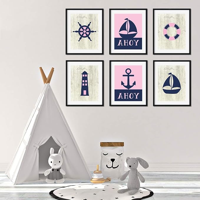 Andaz Press Girls Ocean Nautical Sailor Theme Nursery Kids Bedroom Hanging Wall Art Decor, 8.5x11-inch, Pink Navy Blue, Ahoy, Boat, Anchor, Lighthouse, 6-Pack, Unframed Room Poster