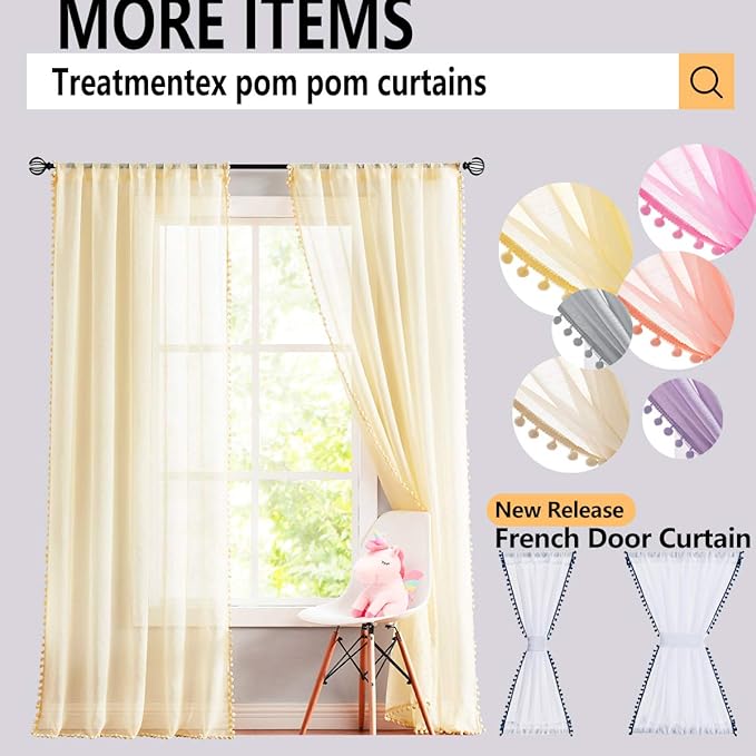 Treatmentex Sheer White Curtains with Multi-Color Pom-Pom Sheer Curtains for Toddler 84" Long Linen Textured Decorative Nursery Room Window Drapes 52" w 1Pair