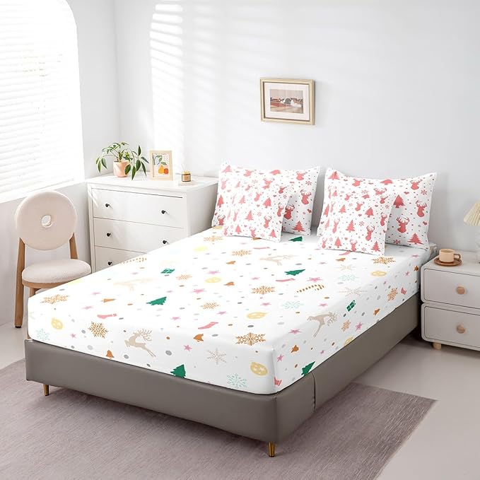 Feelyou Merry Christmas Bed in a Bag for Boys Girls Deer Silhouette Antler Cute Wildlife Bed Set Xmas Tree Snowflake Comforter Set with Sheets Pink Bedding Set Bedroom Collection Queen Size