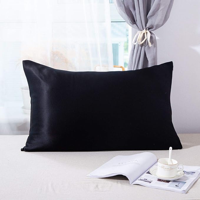 SLPBABY 100% Natural Pure Silk Pillowcase for Hair and Skin, Both Side 19 Momme Silk, Luxury Smooth Satin Pillowcase Cover with Hidden Zipper (Standard(20''x26''), Black)