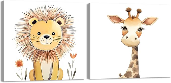 Baby Animal Framed Canvas Wall Art Set of 2 - Cute Baby Lion Giraffe Paintings Posters Woodland Animals Pictures Prints for Kids Room Bedroom Decor(Artwork-03, 20"x20"x2P)