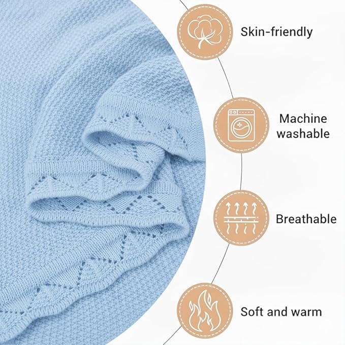 Baby Knit Blanket Soft Breathable Cotton Scallop Border Blankets Newborn Knitted Blanket Swaddle Blankets Gifts for Baby Newborn Toddler Shower Boy Girl New Mom Birthday Christmas Blue 30x30