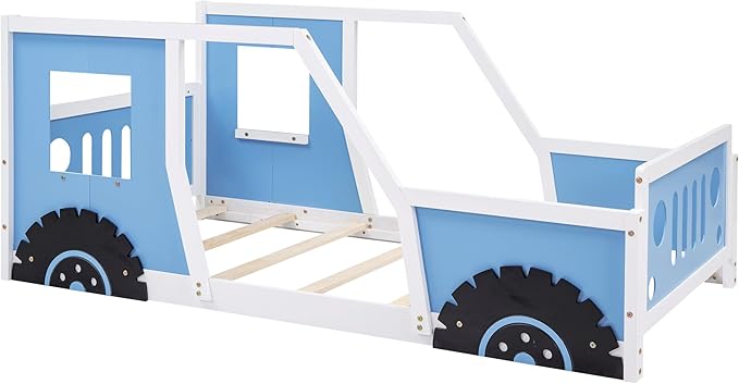 Twin Size Car Bed, Wood Floor Bed Frame with Headboard & Footboard and 4 Side Rails, Kids Racecar Bed for Boys Girls Teens, Blue