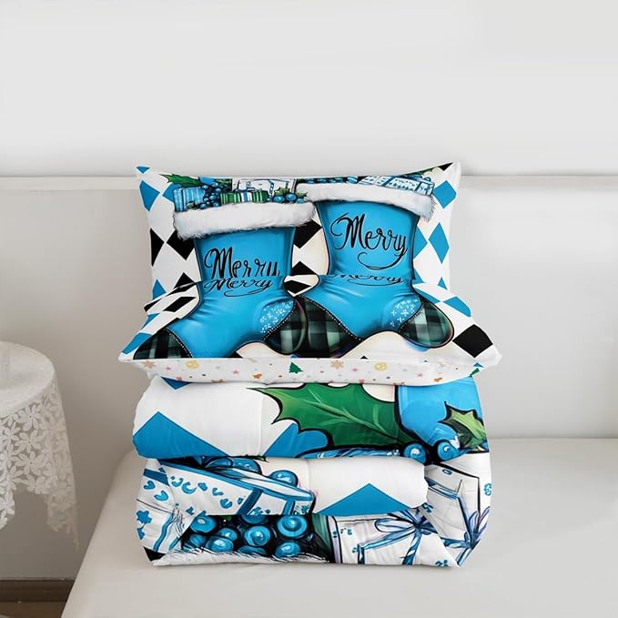 Feelyou Merry Christmas Kids Comforter Set Twin Size Cartoon Shoes Bedding Set Duvet Quilt for Kids Boys Girls Bedroom Winter Decor Microfiber Ultra Soft Breathable