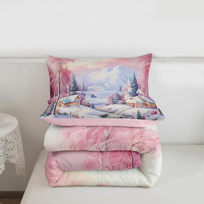 Feelyou Merry Christmas Kids Comforter Set Queen Size Village Barn Bedding Set Winter Snowscape Duvet Quilt for Kids Boys Girls Bedroom Pine Tree Decor Microfiber Ultra Soft Breathable