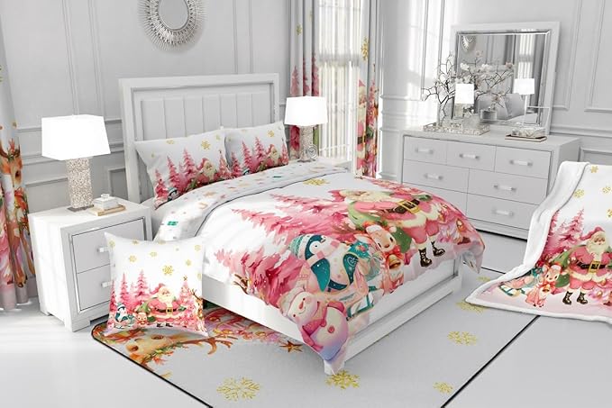 jejeloiu Merry Christmas Comforter Set King Size Santa Claus Bedding Set for Kids Boys Girls Cute Deer Duvet Quilt White Bedroom Decor