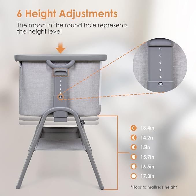 Beberoad Love Baby Bassinet Beside Sleeper for Baby Lightweight Portable 6 Heights Adjustable Beside Crib Baby Bed Cradle for Newborns Infants with Mattress Wheels Storage Basket Travel Bag Light Grey