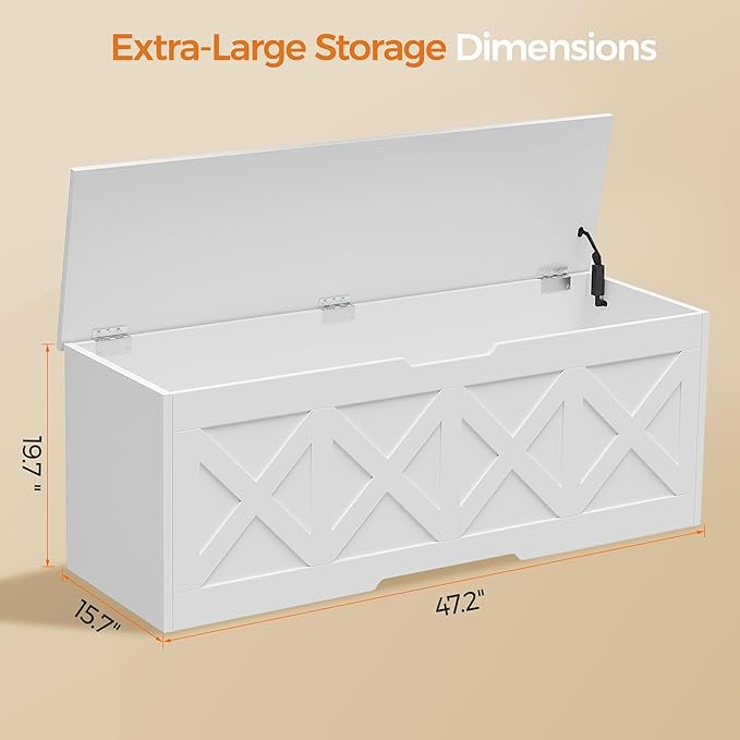 47.2" Extra-Large Wooden Storage Chest – Farmhouse Toy Box, Entryway Bench, Bedroom Storage, Safety Hinge, Easy Assembly, White