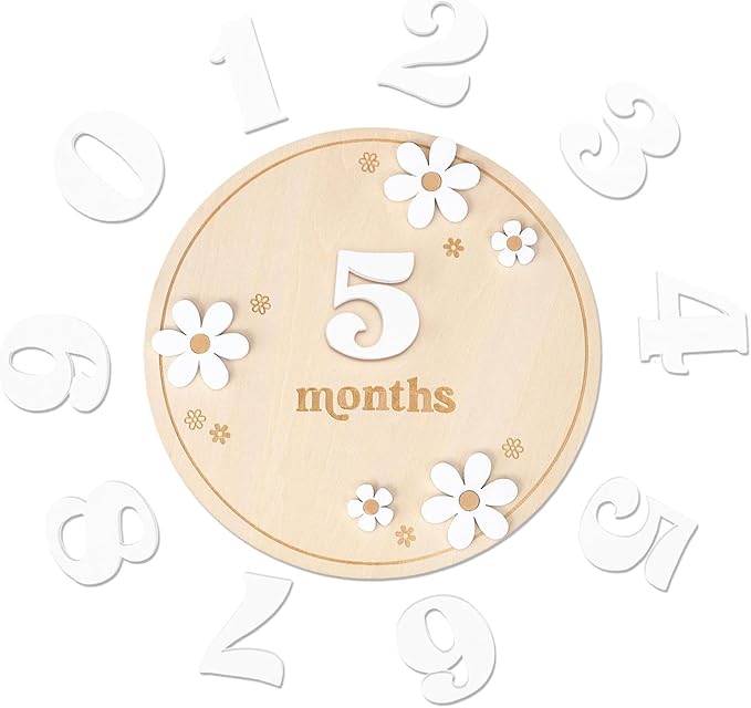 Wooden Baby Month Board - Round milestones Sign Set, Natural Grain Texture, laserr Engraved Letters, Eco Friendly Material | Adorable Monthly Wooden plaques for Baby Memory Nursery Decor