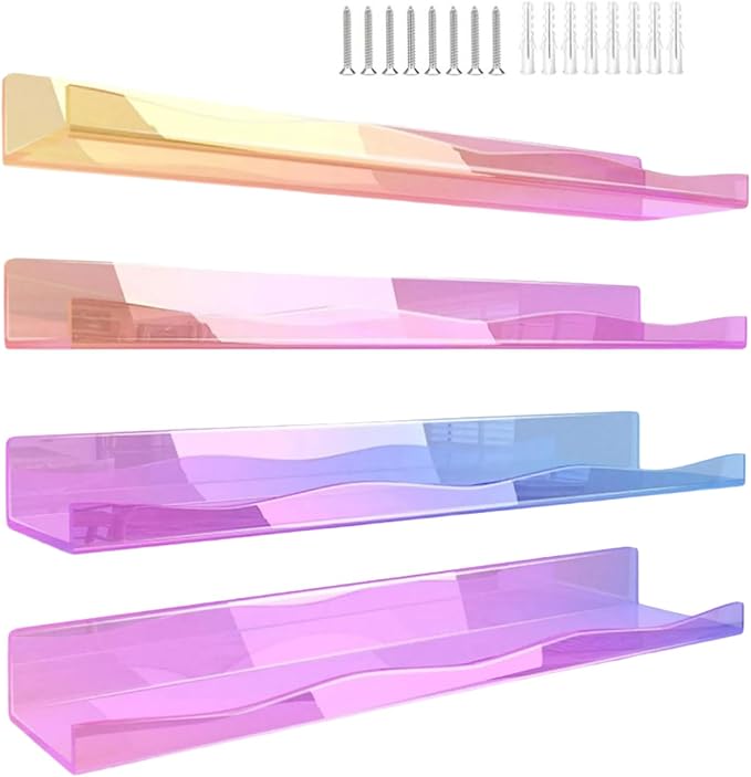 Set of 4 Modern Acrylic Floating Shelves with Rainbow Colorful Acrylic Wall for Books Toy Cosmetics Nursery Decorative Wall