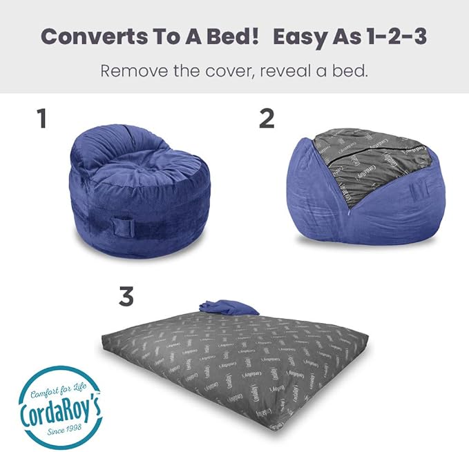 CordaRoy's NEST Gaming Bean Bag Chair-Convertible Bean Bag Chair -Washable Chenille Cover with Pockets for Remote,Controllers-for Living Room,Basement-Full Size-Navy|Made in The USA