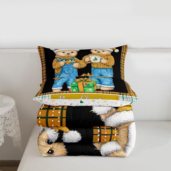 Feelyou Merry Christmas Comforter Set All Season Cute Bear Bedding Set with 1 Pillow Cases Microfiber Kids Toddler Bedclothes Winter Bedroom Decor Duvet Quilt Breathable Soft