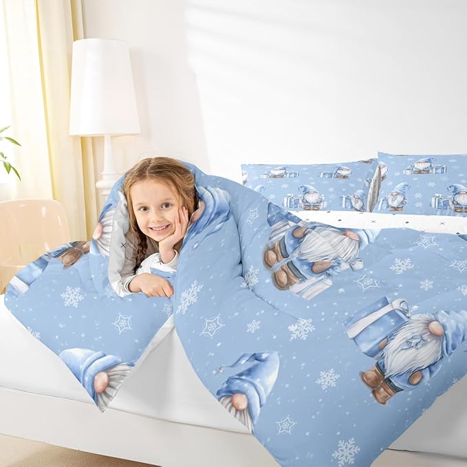Feelyou Blue Christmas Comforter Set Toddler Size Scandinavian Christmas Santa Gnomes Bedding Set for Kids Boys Girls Xmas Snowflake Duvet Quilt Bedroom Decor 2 Pcs with 1 Pillow Cases