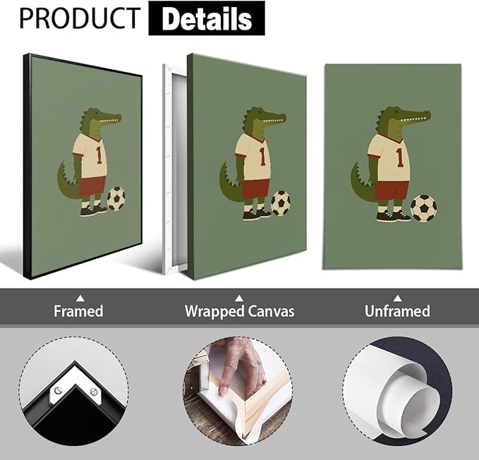 Soccer Posters, Nursery Animal Sports Posters, Long Live Boyhood Inspirational Quote Print, Football Athletes Giraffe Rabbit Crocodile Pictures, Boys Bedroom Sports Artwork 8x12in Wrapped Canvas