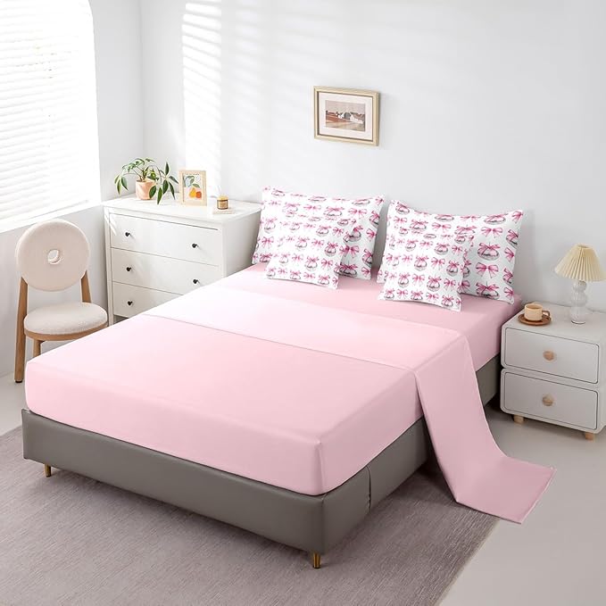 7 Pieces Cartoon Bowknot Kid Comforter Queen,Bow Tie Butterfly Knot Princess Bedding Set,Western Cowgirl Disco Ball Retro Pink White（Comforter+Fitted+Flat Sheet+2 Pillowcases+2 Throw Pillow Covers）