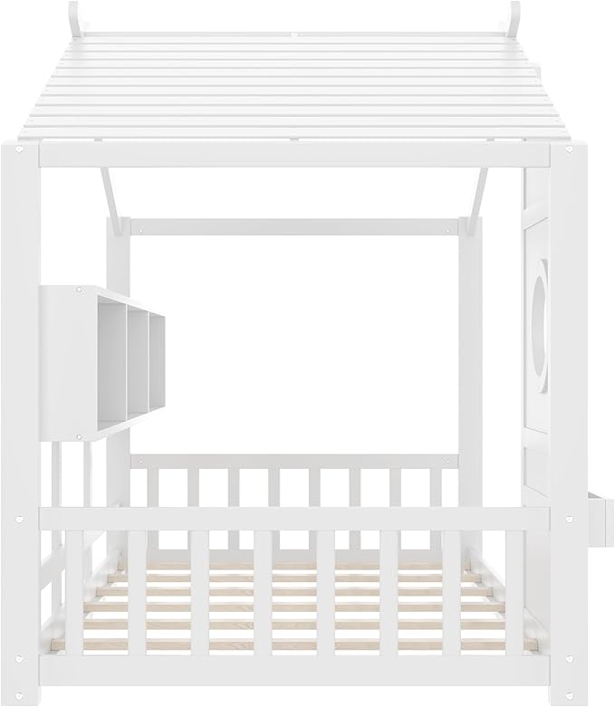 Merax Wood Cute House Bed with Storage Shelves, Twin Size Floor Platform Bed Frame with Headboard & Roof Design, No Box Spring Needed, White
