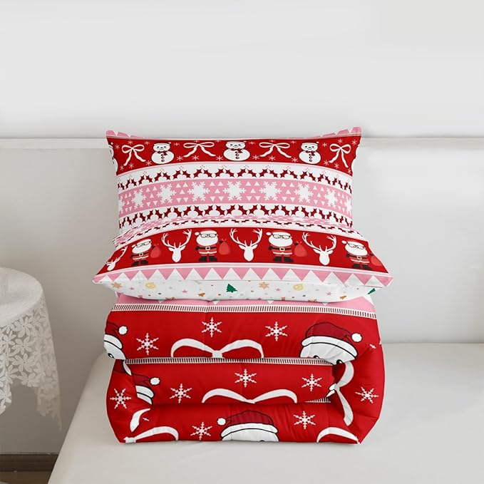 Feelyou Merry Christmas Tree Kids Comforter Set King Size Cute Snowman Bedding Set Santa Claus Duvet Quilt for Kids Boys Girls Bedroom Cartoon Bowknot Decor Microfiber Ultra Soft Breathable