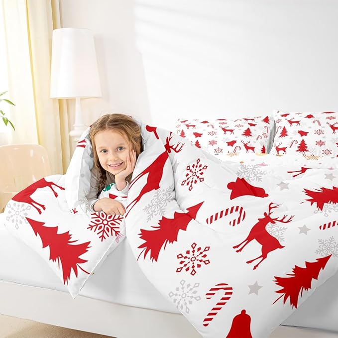 Feelyou Merry Christmas Bedding Set Soft for Boys Girls, Xmas Tree Reindeer Comforter Set Twin Size Candy Cane Bell Duvet Quilt Microfiber Snowflake Bedroom Decor 2 Pcs with 1 Pillow Cases