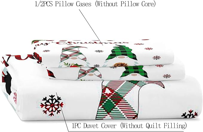 LUVIVIHOME 3PCS Christmas Gnome Duvet Cover Queen, Christmas Bedding, White Duvet Cover, Holiday New Year Santa Claus Snowflake Black Red Checkered Buffalo Plaid Comforter Quilt Cover, 2 Pillow Cases