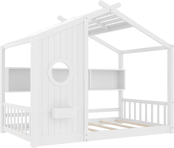 Merax Wood Cute House Bed with Storage Shelves, Twin Size Floor Platform Bed Frame with Headboard & Roof Design, No Box Spring Needed, White