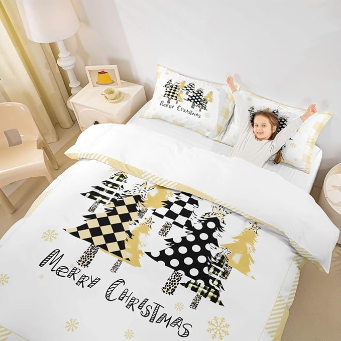 Manfei Xmas Tree Duvet Cover Set Queen Size, Yellow Plaid Grid Snowflake Comforter Cover with 2 Pillowcases, Christmas Theme Bedding Set for Kids Girls Adults New Year Bedspread Cover, No Comforter