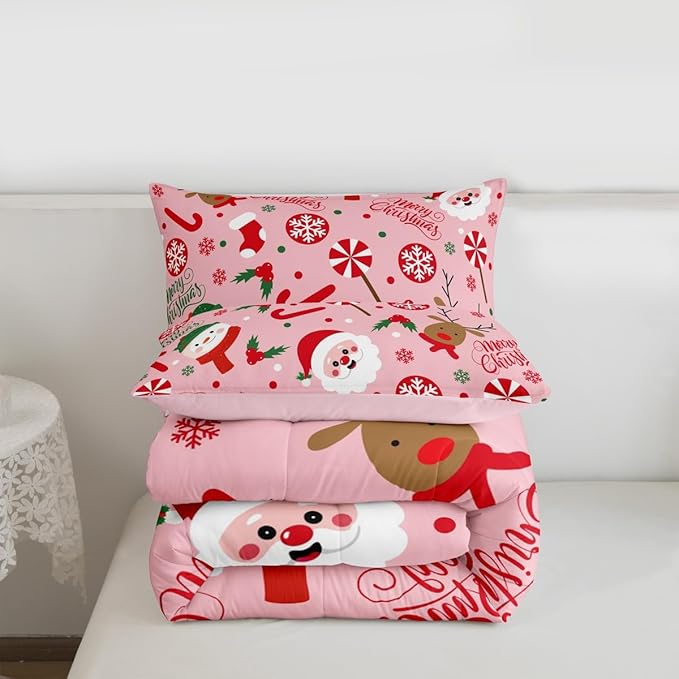 Feelyou Merry Christmas Kids Comforter Set Toddler Size Santa Claus Snowman Bedding Set Deer Berries Duvet Quilt for Kids Boys Girls Bedroom Snowflake Decor Microfiber Ultra Soft Breathable