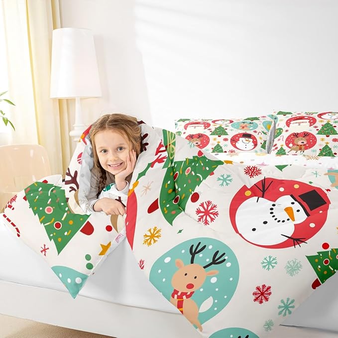 Feelyou Christmas Bedding Set Soft for Boys Girls, Santa Snowman Comforter Set Twin Size Deer Xmas Tree Duvet Quilt Microfiber Snowflake Bedroom Decor 2 Pcs with 1 Pillow Cases
