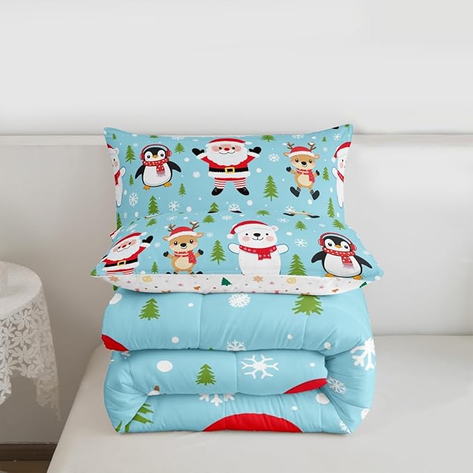 Feelyou Christmas Comforter Set Toddler Size Santa Claus Bedding Set for Kids Boys Girls Penguin Deer Duvet Quilt Xmas Snowflake Tree Bedroom Decor Microfiber 2 Pcs with 1 Pillow Cases