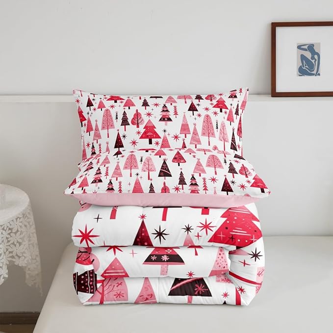Manfei Pink Xmas Trees Comforter Set Queen Size, Christmas Theme Bedding Set 3pcs for Kids Boys Girls Adults Room Decor, Happy New Year Down Comforter Soft Polyester Quilt Set with 2 Pillowcases