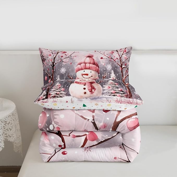 Feelyou Cute Snowman Comforter Set All Season Christmas Tree Bedding Set with 2 Pillow Cases Xmas Snowflake Microfiber Kids Queen Bedclothes Pink Scarf Bedroom Decor Pink Winter Scene Duvet Quilt
