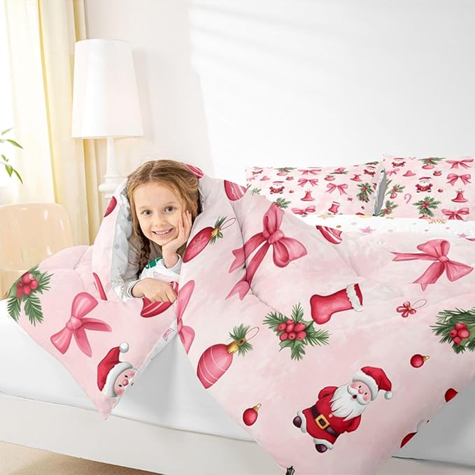 Feelyou Santa Claus Bedding Set Soft for Boys Girls, Pink Bow Comforter Set Toddler Size Christmas Ornament Duvet Quilt Microfiber Candy Cane Bedroom Decor Holly Berry 2 Pcs with 1 Pillow Cases