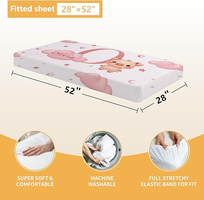 Custom Baby Bedding Set, 5 Pcs Personalized Baby Crib Sets with Name, Toddler Bedding Set for Baby Girls Boys, Pink Pig Double Layer Nursery Bedding Set, Customized Gift for Infant New Parents
