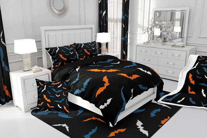 Erosebridal Bat Bedding Set for Kids Adults Boys Girls Happy Halloween Comforter Set Twin Size Gothic Spooky Quilt Orange Bats Duvet Insert with 1 Pillow Case