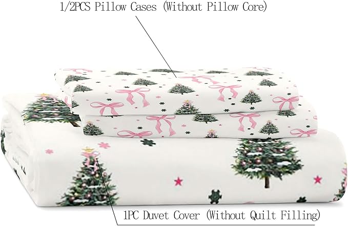 LUVIVIHOME 3PCS Pink Bow Christmas Tree Duvet Cover Full Bedding Set, White Duvet Cover, Teen Girls Bedding, Winter Holiday Christmas Comforter Cover, Coquette Room Decor Aesthetic, 2 Pillow Shams