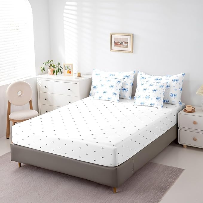 7 Pieces Blue Bowknot Kids Comforter Twin Size,Geometric Dots Bow Tie Patchwork Romantic Bedding Set,Bow Knot Princess Cute White Chic（Comforter+Fitted+Flat+2 Pillowcases+2 Throw Pillow Covers）