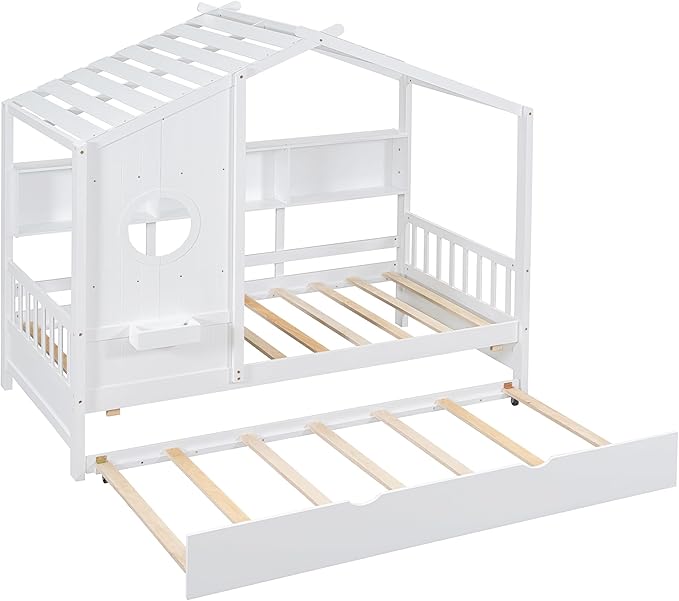 Twin Size House Bed with Roof and Window for Kids, Wooden Playhouse Bed with Storage Shelves and Trundle for Bedroom Furniture Girls & Boys (White/T1)