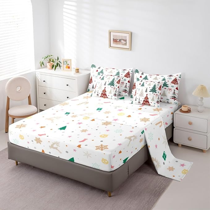 Erosebridal Christmas Bed in A Bag 7 Pcs Colorful Christmas Tree Comforter Set for Women Men Xmas Tree Snowflake Bedding Sets King Winter Xmas Ornaments Gift Sheet Set with Comforter