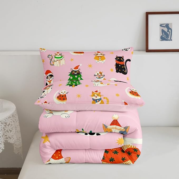 Erosebridal Christmas Decor Quilts Cute Cats Comforter Set Queen Size for Kids Boys Girls Bedroom Xmas Tree Bedding Set Cartoon Animal Down Comforter with 2 Pillow Cases