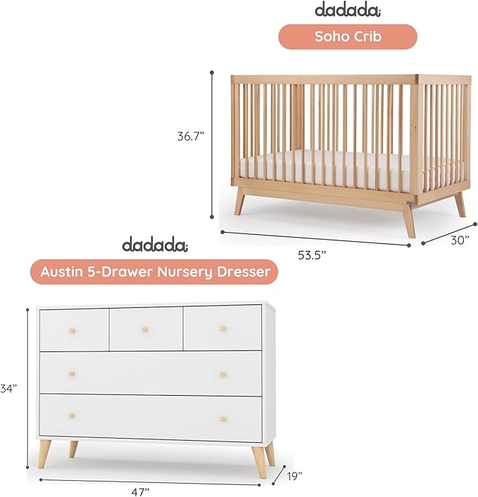 dadada Baby Harmony Set, Nursery Furniture Set. Baby Crib and Dresser Combo. Soho 3 in 1 Convertible Crib and Austin 5 Drawer Nursery Dresser. Natural Beechwood