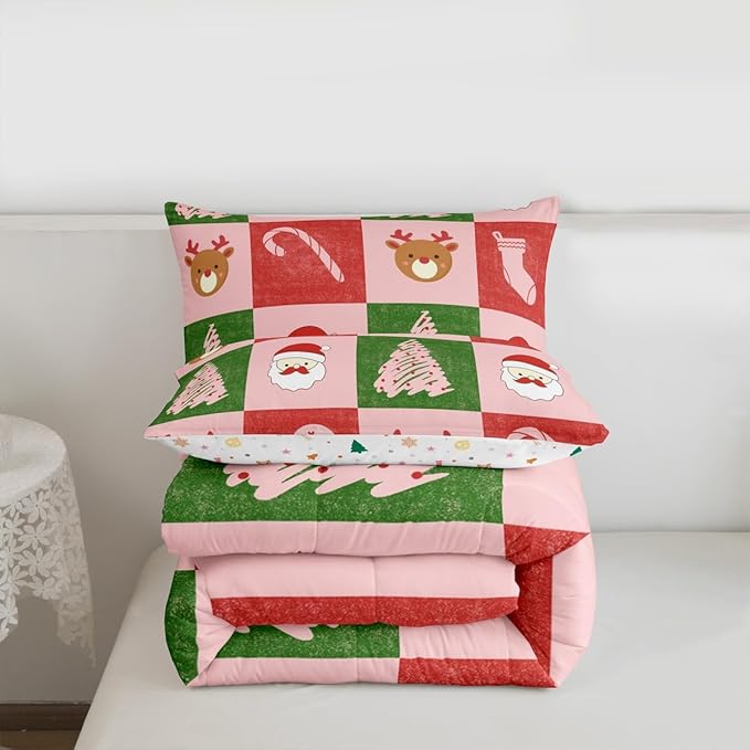 Feelyou Merry Christmas Bedding Set Soft for Boys Girls, Xmas Tree Santa Claus Comforter Set Queen Size Candy Cane Deer Duvet Quilt Microfiber Patchwork Bedroom Decor 3 Pcs with 2 Pillow Cases