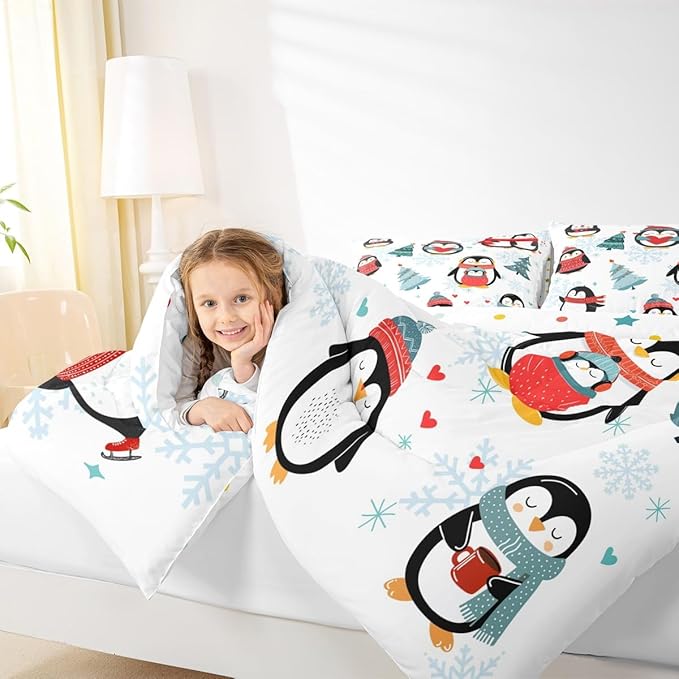 Cartoon Penguin Bedding Set for Boys Girls,Winter Snowflake Happy Xmas Theme All Season Cozy Comforter Set Full Size,Christmas Tree Duvet Set Bedroom Decor,Festival Gifts