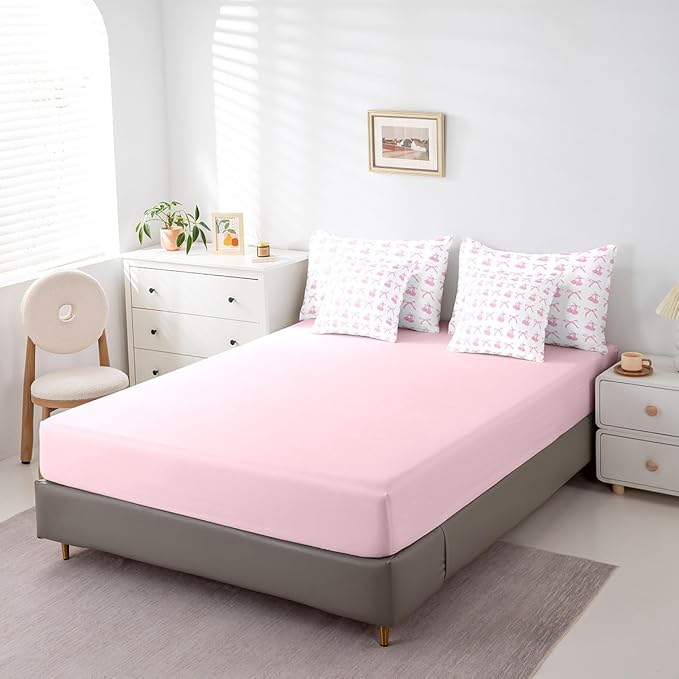 7 Pieces Cherry Bowknot Kid Comforter Set Twin,Pink Bow Tie Butterfly Knot Princess Bedding Set,Cartoon Bow Patchwork Dreamy Sweet（Comforter+Fitted+Flat Sheet+2 Pillowcases+2 Throw Pillow Covers）