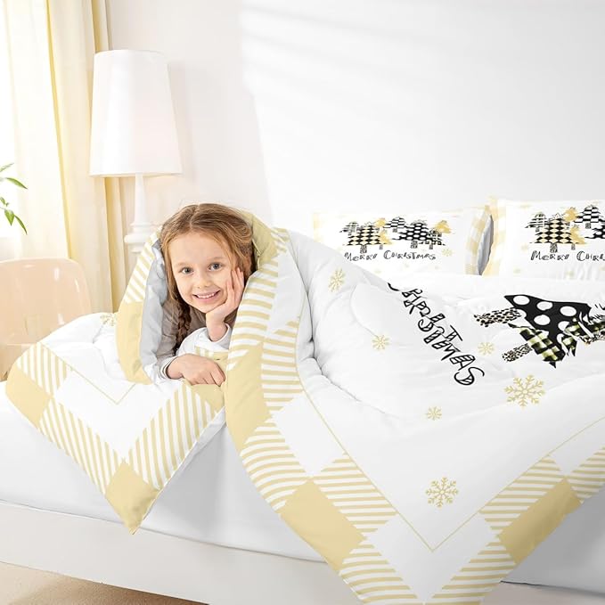 Manfei Xmas Tree Comforter Set Queen Size, Yellow Plaid Grid Snowflake Down Comforter with 2 Pillowcases, Christmas Theme Bedding Set 3pcs for Kids Girls Adults Room Decor New Year Duvet Insert