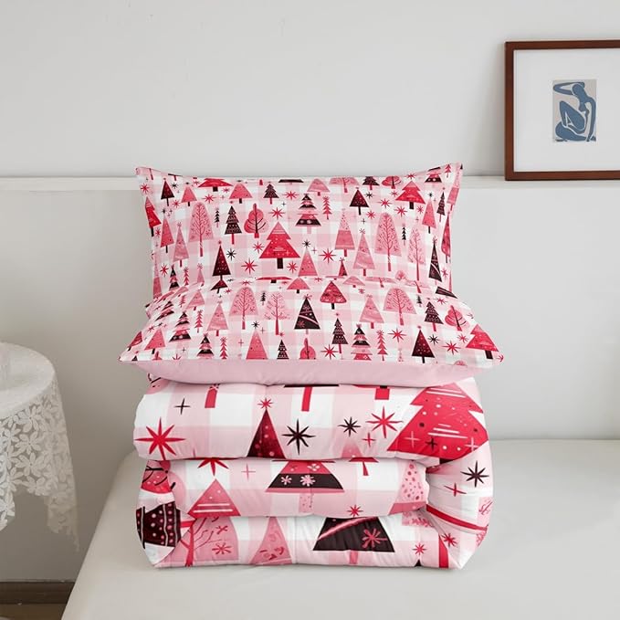 Manfei Cartoon Tree Comforter Set King Size, Christmas Theme Bedding Set 3pcs for Kids Girls Adults Bedroom Decor, New Year Pink Plaid Down Comforter Soft Polyester Quilt Set with 2 Pillowcases